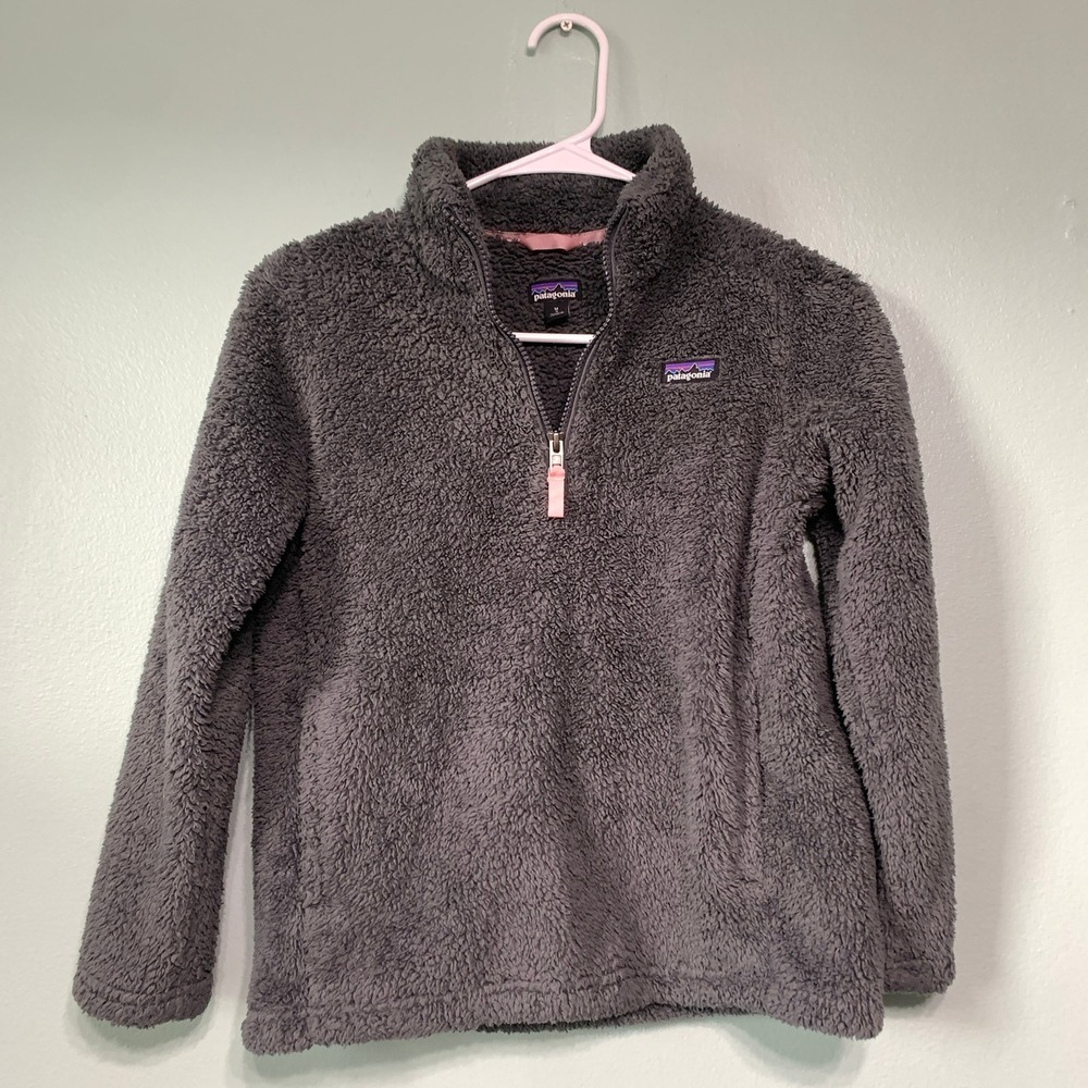 Patagonia Girls M 10 Fleece Pullover Los Gatos Quarter Zip Gray Pink Trim